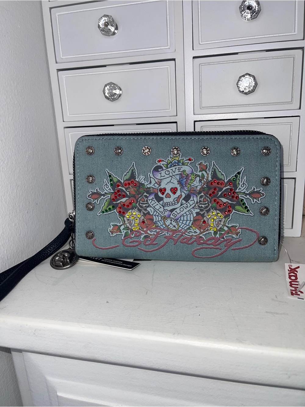 NWT Ed Hardy Light Blue Skull & Floral Wristlet Wallet